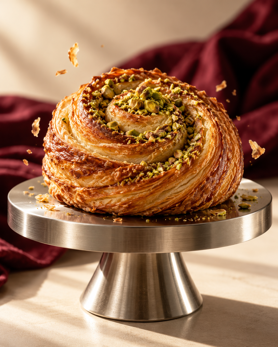 Pistachio pastry with golden layers on a steel plinth, an AI campaign concept