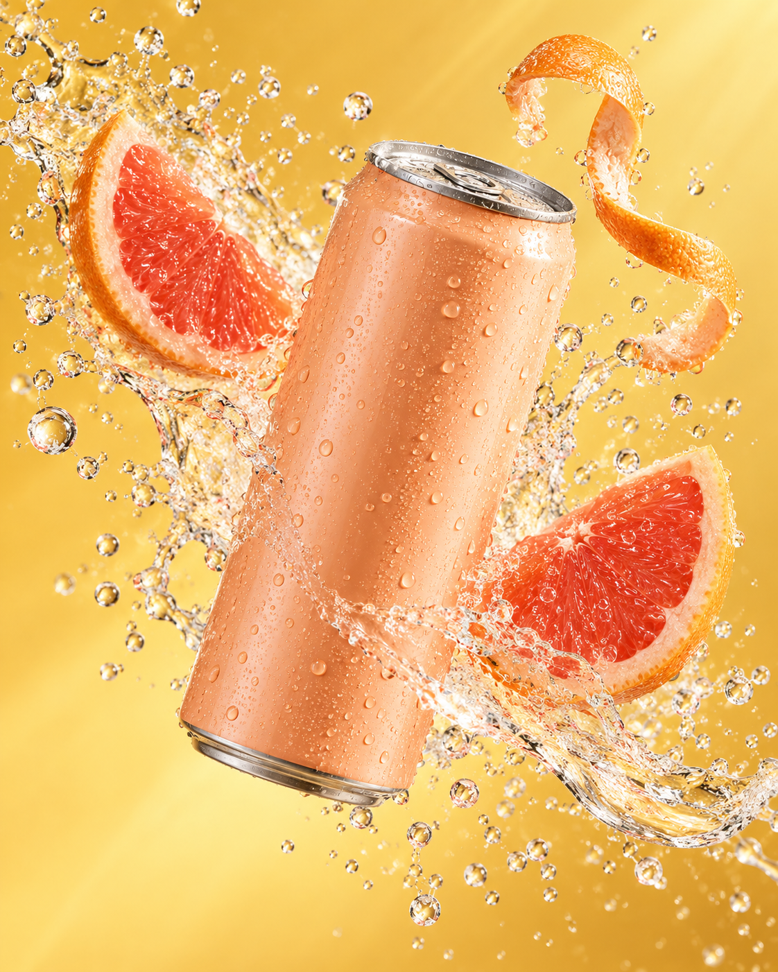 A grapefruit drink can in a sparkling splash, an AI campaign concept