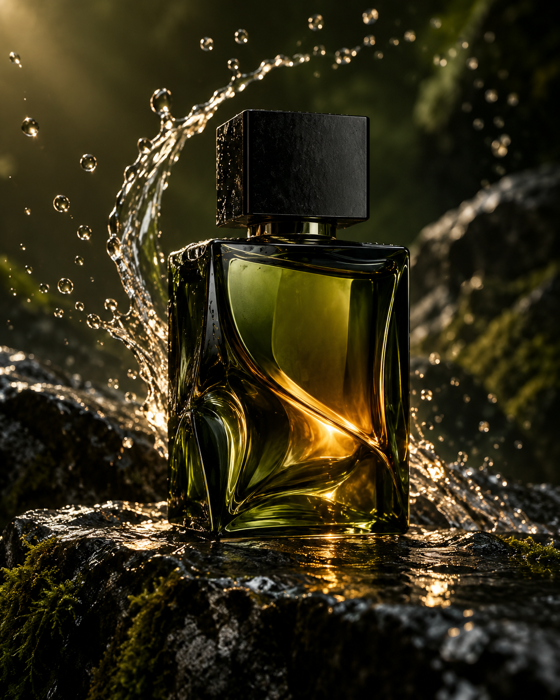 An olive glass fragrance bottle on dark wet stone, an AI campaign concept