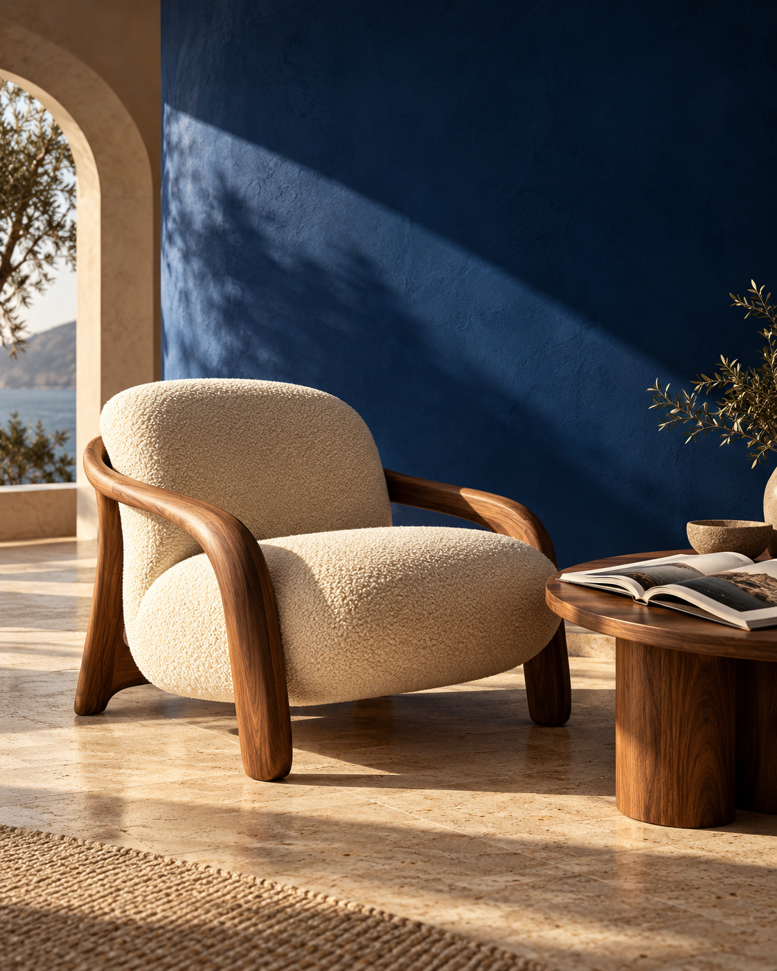 A sculptural lounge chair in a sunlit cobalt room, an AI campaign concept